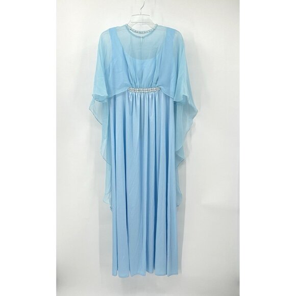vintage 60s EMMA DOMB maxi dress gown chiffon beaded cape evening party blue S M - Picture 1 of 13
